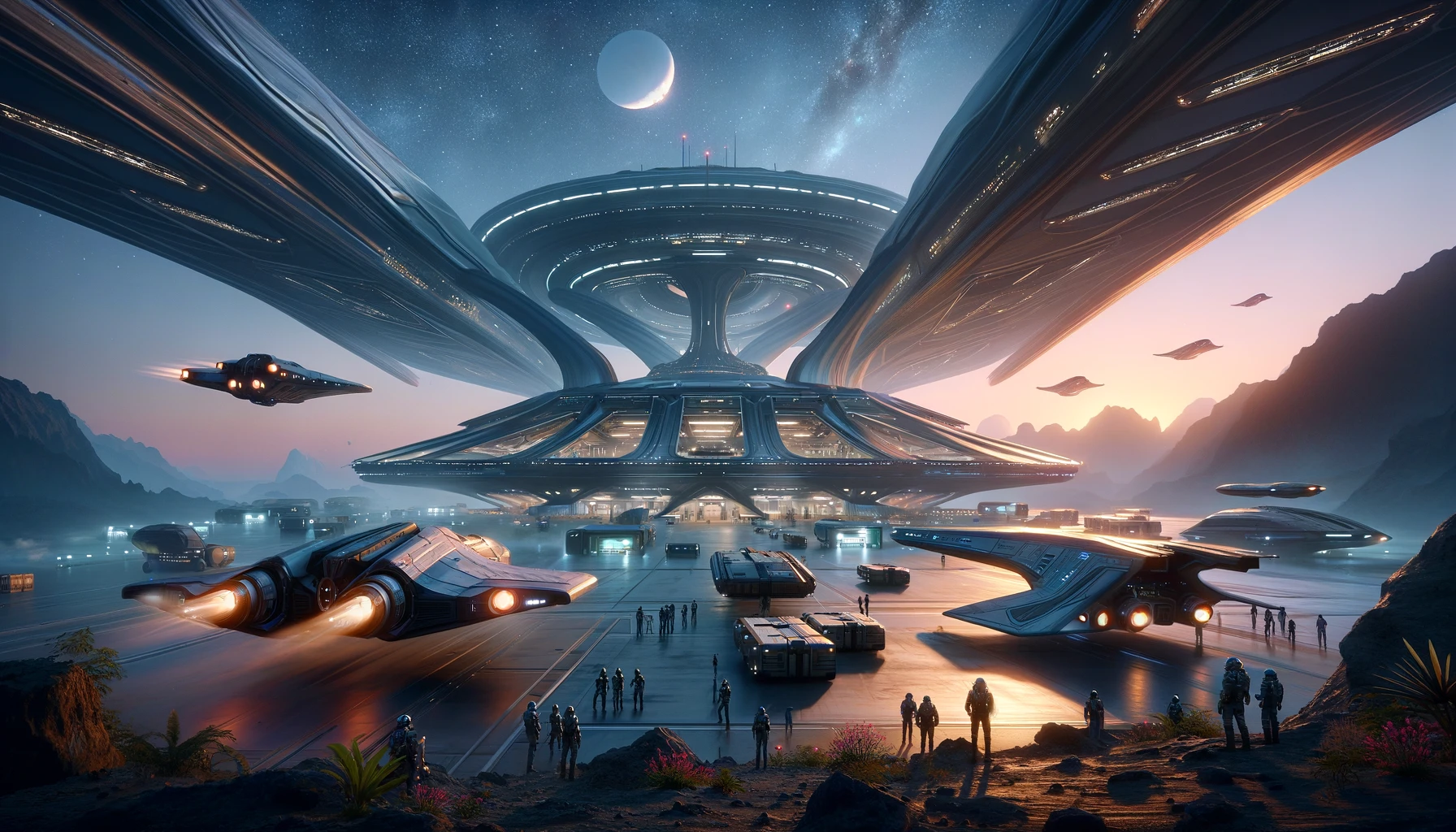 DALL·E 2024-03-18 22.53.18 - A realistic scene inspired by the Elite game series, with a revised perspective looking from the ground up towards the sky at a spaceport on a distant.webp